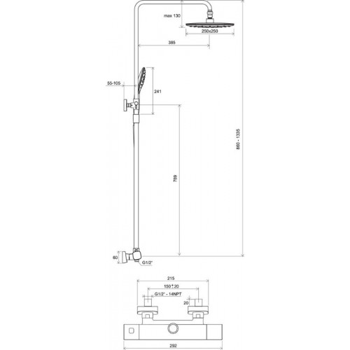 Душова система Ravak 10° Free TD F 091.00/150 із термостатичним змішувачем X070141