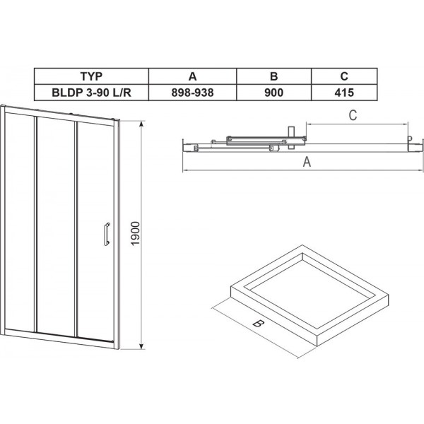 Душові двері RAVAK Blix BLDP3-90, полірований алюміній, Transp.X00H70C00Z1